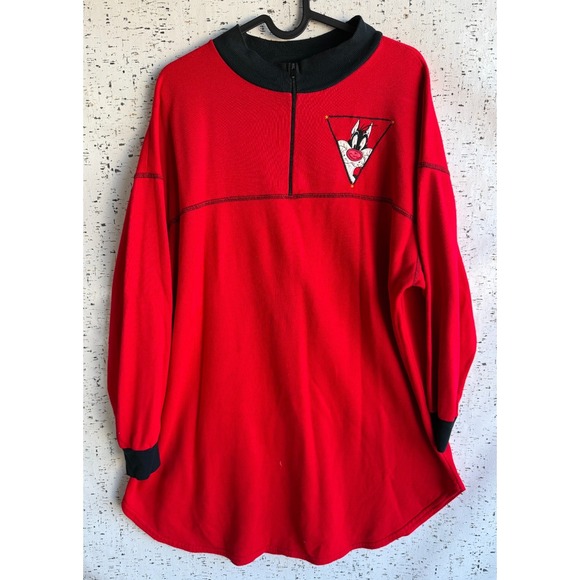 Looney Tunes Mania Tops - VTG Womens‎ Sz XL Looney Tunes 1997 Red Oversized Long Sleeve Shirt 1/4 Zip